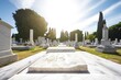 marble tombstones in a peaceful cemetery under the midday sun