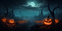Create A Banner Background Featuring A Pumpkin Patch In A Misty, Moonlit Night.