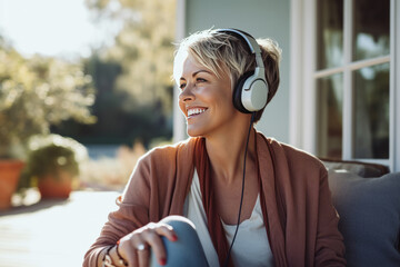 Wall Mural - Charming Caucasian woman wearing headphones sits in comfortable chair in a country house. Happy smiling middle-aged lady listens to music and enjoys the silence of her garden. Leisure and relaxation.