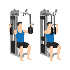 Man doing Machine bent arm chest fly exercise. Butterflies, pec deck, seated machine flyes. Flat vector illustration isolated on white background