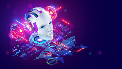 Fototapete - AI technology concept. Robot or chat bot head hanging over digital map of world. Artificial intelligence communication with different places on globe for business. Cyborg face analysis global data.