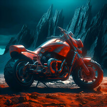 3D Rendering Of An Orange Motorcycle In The Desert With Dark Background