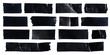 Set of different black scotch sticky tapes isolated on white background. Torn wrinkled sellotape pieces collection.