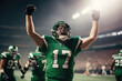 American football player in a green uniform rejoices at an abandoned ball in a stadium filled with spectators, superbowl
