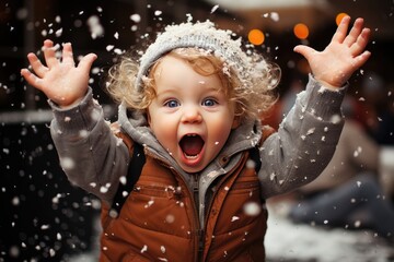 An image capturing the excitement of a child running towards something with joy in a snowy setting, conveying the pure delight of a winter day. Photorealistic illustration