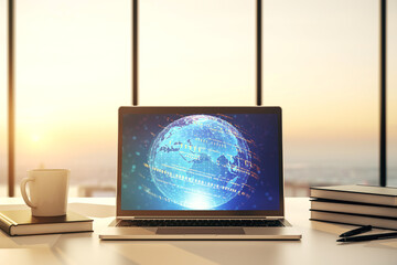 Wall Mural - modern computer monitor with abstract programming language with world map, research and development 