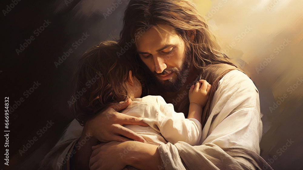 Jesus Christ holding a small child in his arms Stock Illustration ...