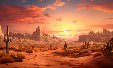 A desert landscape with cacti and sand dunes against a sunset sky.