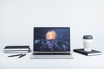 Wall Mural - Creative light bulb with human brain hologram on modern laptop monitor, artificial Intelligence and neural networks concept. 3D Rendering