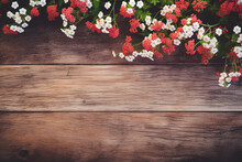 Flat Lay Of Garden Spring White And Red Tiny Flowers On Wooden Plank Table Background With Copy Space, Retro Color Style,