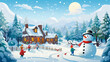 Winter landscape with snowman, house and children playing snowballs.