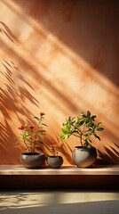 Wall Mural - Abstract tree leaves shadows on brown concrete wall texture with roughness and irregularities. Abstract trendy colored nature concept background. Generative AI