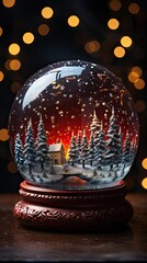 Wall Mural - Snow globe with show inside, on a red base. Christmas snow globe. Generative AI