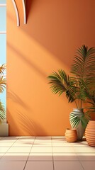 Wall Mural - Warm orange and beige summer color background with tropical palm shadow. Two trend pastel paper and exotic plant shade layout. Minimal flat lay with leaf silhouette overlay. Generative AI