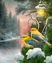 New Year, Christmas Holiday Background, Two Yellow Birds Sitting On Snow-covered Spruce Branches Under A Burning Lantern, Sunset, Forest Near The River 3d Rendering, No AI