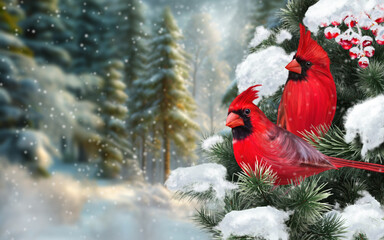 Christmas, New Year holiday background, two bright birds sit on a snow-covered branch of red berries, pine forest, fir trees, snowstorm, evening lighting, 3d rendering, no AI