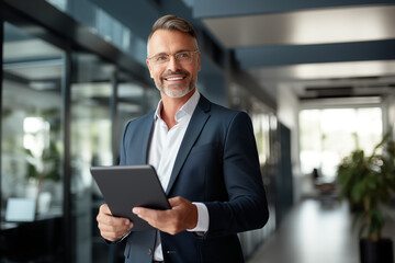 Wall Mural - portrait of professional businessman standing in office. Happy middle aged businessman ceo wearing suit standing in office using digital tablet.