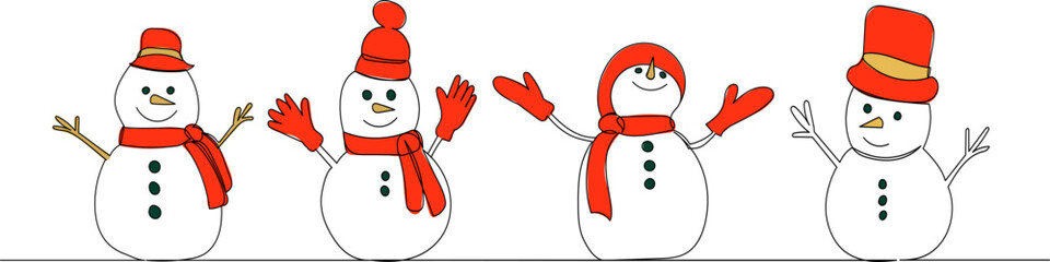 Wall Mural - snowmen, line drawing, sketch isolated vector