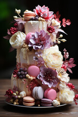 Poster - white wedding cake with macarons on it made from buttercream, 