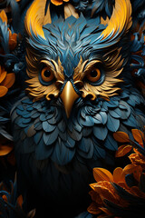 Aufkleber - an owl pattern with large feathers on a blue background, 