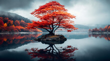 One Tree With Red Leaves By A Lake