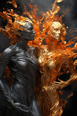 Fototapete - three abstract figures flying through a gray substance,  