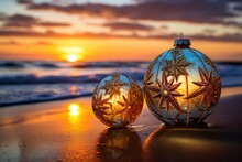 Banner With Place For Text. New Year's Christmas Tree Glass Balls With Engraved Snowflakes On The Sea Beach With A Beautiful Sunset