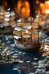 Fototapete - an open book with a paper boat on top,