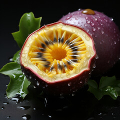 Fototapete - A captivating overhead shot of a sliced passion fruit revealing its vibrant seeds against a neutral surface.  