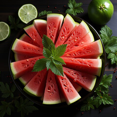 Aufkleber - An artistic composition of sliced watermelon arranged to form a geometric pattern, emphasizing its juicy and refreshing nature. 