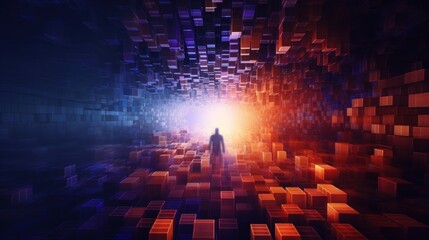 Cybernetic world: Human Integrated with Animated Binary Code in Matrix
