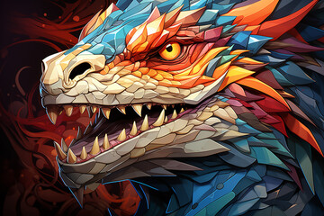 Aufkleber - A complex, multi-layered pattern of interlocking shapes that resembles a Dino face.  
