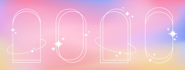Wall Mural - retro thin white outline frames with stars on a gradient blurred background, liquid aura in y2k aest