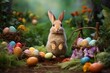 Süßer Osterhase versteckt bunt bemalte Ostereier: Fröhliches Osterfest