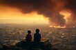 Children Witnessing Devastation: Young Kids Amidst Destroyed Cityscape