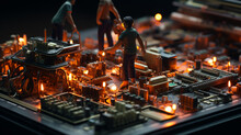 Technician Small Figure On A Computer Motherboard.