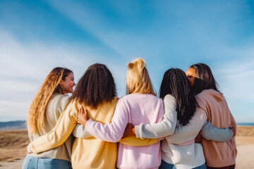 Rear view of young group of happy multiracial friends hugging. Group of friends supporting each other and acceptance concept.