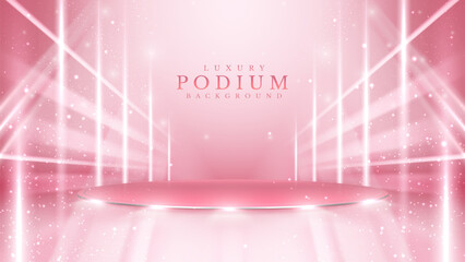 Wall Mural - empty podium silver on pink background with light neon effects with bokeh decorations. luxury scene 