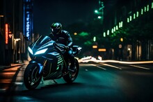 Sleek Kawasaki Ninja H2R, Vibrant Matte Black, Roaring In The Neon-lit City At Night, Dramatic Lighting, High-speed Motion Blur, Cyberpunk Style