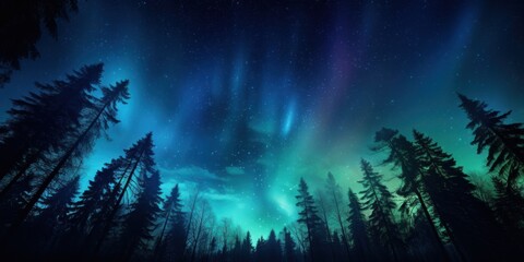 night sky in forest, view of star on night sky through tree brunches. AI Generative