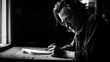 An intimate black-and-white portrait of a poet immersed in writing capturing the depths of their creative process.