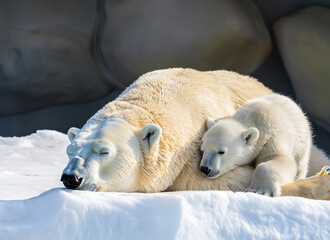 mother polar bear cuddles with baby polar bear in the snow