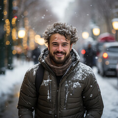 a young man in warm clothes walks down the street under the falling snow. Christmas Eve