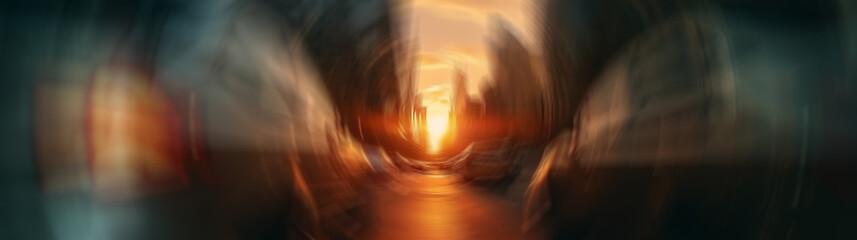 Wall Mural - dusk, lights in a modern city scene. defocused image of a near dark street. tall buildings, towers s