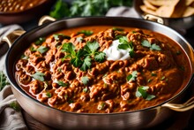 An Up-close Shot Of A Piping  Bowl Of Dal Makhani, The Creamy Lentils Simmering In A Rich Tomato And Butter Gravy, Garnished With A Dollop Of Cream And Fresh Herbs,