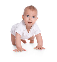 Wall Mural - Cute little baby crawling on white background