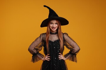 Poster - Happy young woman in scary witch costume on orange background. Halloween celebration