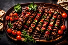 A Sumptuous Close-up Of A Tray Filled With Succulent Skewers Of Adana Kebabs, Served With Lavash Bread, Grilled Tomatoes, And Green Peppers, Capturing The Savory Delight Of Turkish Barbecue, Food Phot