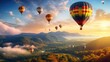 Colorful hot air balloons flying over mountain, tourist attraction on beautiful natural.