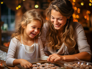 mother and daughter baking cookies for christmas